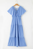 Sky Blue Textured V Neck Flutter Sleeve Ruffled Maxi Dress