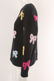Black Valentine Bow Print Crew Neck Drop Shoulder Sweater