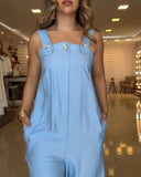 Bandeau Button Decor Spaghetti Strap Jumpsuit Casual Pocket Design Loose Fit Overall
