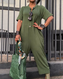 Short Sleeve Buttoned Pocket Design Jumpsuit