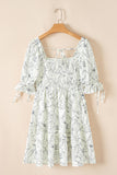 Beige Floral Print Square Neck Shirred Back Puff Sleeve Mini Dress