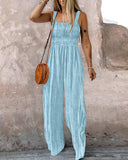 Tie Dye Print Square Neck Thick Strap Shirred Wide Leg Jumpsuit Casual Overalls with Pockets