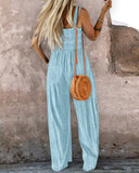 Tie Dye Print Square Neck Thick Strap Shirred Wide Leg Jumpsuit Casual Overalls with Pockets