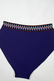 Navy Blue Embroidered Trim Wrap Tie Knot Plus Size High Waisted Bikini