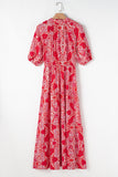 Red Paisley Print Side Slit Puff Sleeve High Waist Maxi Dress