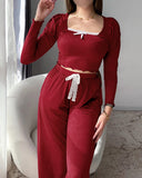 2 Pieces Outfit Frill Hem Long Sleeve Crop Top and Heart Pattern Drawstring Pants Pajamas Set
