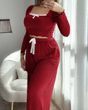 2 Pieces Outfit Frill Hem Long Sleeve Crop Top and Heart Pattern Drawstring Pants Pajamas Set