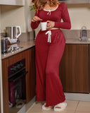 2 Pieces Outfit Frill Hem Long Sleeve Crop Top and Heart Pattern Drawstring Pants Pajamas Set