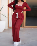 2 Pieces Outfit Frill Hem Long Sleeve Crop Top and Heart Pattern Drawstring Pants Pajamas Set