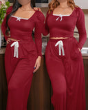 2 Pieces Outfit Frill Hem Long Sleeve Crop Top and Heart Pattern Drawstring Pants Pajamas Set