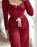 2 Pieces Outfit Frill Hem Long Sleeve Crop Top and Heart Pattern Drawstring Pants Pajamas Set