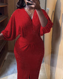 Glitter Rhinestone Lantern Sleeve Plunge V Neck Velvet Dress Elegant Slit Bodycon Midi Dress