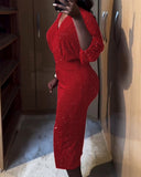 Glitter Rhinestone Lantern Sleeve Plunge V Neck Velvet Dress Elegant Slit Bodycon Midi Dress