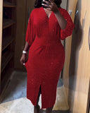 Glitter Rhinestone Lantern Sleeve Plunge V Neck Velvet Dress Elegant Slit Bodycon Midi Dress