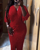 Glitter Rhinestone Lantern Sleeve Plunge V Neck Velvet Dress Elegant Slit Bodycon Midi Dress