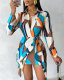 Geometric Print Striped Pocket Design Shirt Dress