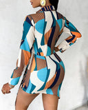 Geometric Print Striped Pocket Design Shirt Dress