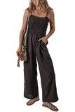 Black Spaghetti Straps Shirred Bodice Pocketed Wide Leg Jumpsuit