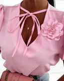 V Neck 3D Flower Decor Puff Sleeve Tied Detail Blouse Casual Shirt