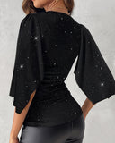 Plunge Bell Sleeve Chic Allover Sequin Asymmetrical Top
