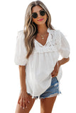 White Embroidered Lace Patchwork Tie Neck Puff Short Sleeve Blouse