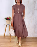 Stand Collar Sleeveless Button Down A Line Dress Back Ruched Work Dress (With Belt)