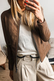Chestnut Solid Faux Leather Zipper Slim Fit Bomber Jacket