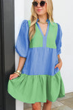 Dark Blue Colorblock Frilled V Neck Puff Half Sleeve Shift Dress