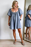 Myosotis Bubble Sleeve Square Neck Denim Babydoll Dress