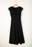 Black Short Sleeve Shirred High Waist V Neck Maxi Dress