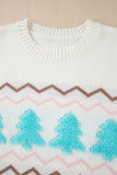 White Striped Christmas Tree Ribbed Trim Drop Shoulder Sweater