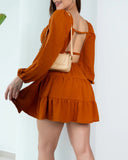 Square Neck Long Sleeve Layered Dress Backless Drawstring Dress