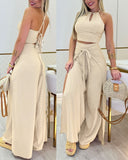 2 Piece O Neck Sleeveless Crisscross Crop Top High Waist Wide Leg Pants Outfits Set