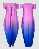 Faith Print Tie Dye Off the Shoulder Short Sleeve Elegant Maxi Dress with Pocket