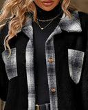 Plaid Print Pocket Design Long Sleeve Buttoned Teddy Coat Outfit