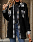 Plaid Print Pocket Design Long Sleeve Buttoned Teddy Coat Outfit