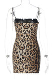 Khaki Sequin Leopard Print Spaghetti Strap Nightclub Hot Dress