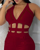 Hollow Out Halter Buckled Contrast Mesh Jumpsuit