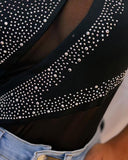 Rhinestone Asymmetrical Neck Sleeveless Slim Fit Sheer Mesh Tank Sexy Top
