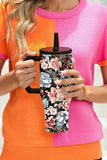 Black Flower Print Handle Large Vacuum Cup 40oz