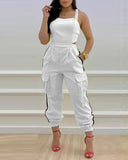 Contrast Paneled Square Neck Sleeveless Jumpsuit Casual Shirred Pocket Design Cargo Romper