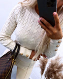 O neck Long Sleeve Buttoned Braided Knit Sweater