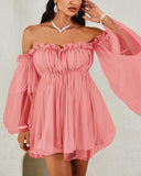 Off Shoulder Frill Trim Sheer Mesh Swing Dress