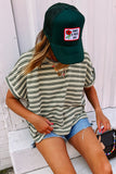 Green Stripe Textured Side Slits Crew Neck T Shirt