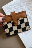 Coffee Leather Checkered Canvas Patchwork Card Storage Wallet