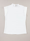 White Wavy Textured Mock Neck Cap Sleeve Top