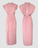 3D Cutting Decor Stand Collar Flutter Sleeve Backless Evening Dress Side Slit Zipper Back Cinched Waist Maxi Dress