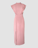 3D Cutting Decor Stand Collar Flutter Sleeve Backless Evening Dress Side Slit Zipper Back Cinched Waist Maxi Dress