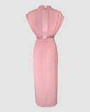 3D Cutting Decor Stand Collar Flutter Sleeve Backless Evening Dress Side Slit Zipper Back Cinched Waist Maxi Dress