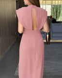 3D Cutting Decor Stand Collar Flutter Sleeve Backless Evening Dress Side Slit Zipper Back Cinched Waist Maxi Dress
